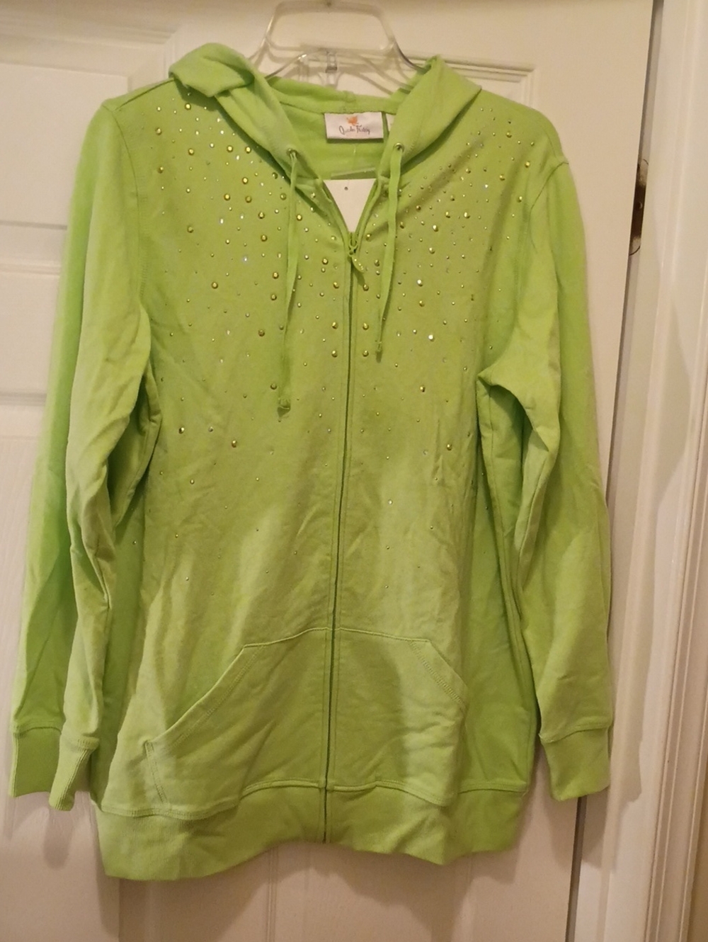 Quacker Factory Light Green Rhinestone Lace-Up Zip Hoodie